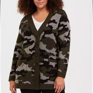 Torrid Button Front Cardigan Camo Green 1 V-neck Pockets Ribbed Trim Casual